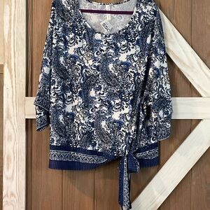 PerSeption Blue Paisley Top with Side Waist Tie. P2P 28” Length 27” SIZE 2X NWT